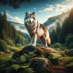 ambiguous_gender cloud cloudy feral fluffy fog forest fur looking_at_viewer moss mountains plant rock sky solo standing tree val_the_sergal canid canine canis mammal wolf