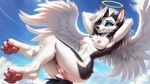 anthro breasts butt canid canine cloud cloudscape female genitals halo hands_behind_head hi_res looking_at_viewer loona_(helluva_boss) mammal nipples nude pawpads pussy sky solo vince_ai wings