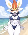 anthro beach big_breasts bikini blush breasts camel_toe clothing female fur light looking_at_viewer nipple_outline outside pokemon sea seaside sky smile solo sun sunlight swimwear water white_body white_fur awesomeoras cinderace generation_8_pokemon lagomorph leporid mammal pokemon_(species)