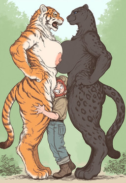 angry anthro areola beard big_breasts black_body black_fur blue_eyes boots bottomwear breast_size_difference breast_squish breasts breasts_frottage butt claws clothed clothed/nude clothed_male clothing confident countershading curvy_figure denim denim_bottomwear denim_clothing digitigrade dominant dominant_female eye_contact facial_hair fangs feet female footwear fully_clothed fur group hair hand_on_hip hat headgear headwear huge_breasts human_on_anthro interspecies jeans larger_anthro larger_female looking_at_another male male/female markings multicolored_body multicolored_fur muscular nipples nude open_mouth orange_body orange_fur orange_hair outside pants pink_nipples plant red_hair sandwiched shirt side_view size_difference smaller_human smaller_male smile smothering smug spots spotted_body spotted_fur squish standing striped_body striped_fur stripes tail teeth thick_thighs topwear trio tuft voluptuous white_body white_fur wide_hips yellow_eyes unknown_director felid human jaguar leopard mammal pantherine tiger hi_res