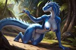 anthro blue_body blue_nipples blue_scales breasts claws countershade_face countershade_neck countershade_tail countershade_thighs countershade_torso countershading dinosaur drakkenfyre dromaeosaurid female genitals hair jungle light markings navel nipples non-mammal_breasts non-mammal_nipples nude on_knees outside plant pussy reptile rock scales scalie scutes smile snout solo solo_focus spiky_hair striped_markings stripes sunlight tail_markings theropod yellow_eyes