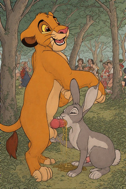 bodily_fluids drinking drinking_urine duo exhibitionism feral genital_fluids male male/male peeing pissing public public_sex sex urine urine_in_mouth watersports twinklespark simba_(the_lion_king) felid feline hare lagomorph leporid lion mammal pantherine rabbit