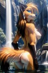 anthro areola black_ears black_nose blue_eyes butt canid canine chest_tuft collar collar_only crossgender female fox fur genitals gloves_(marking) hair keidran long_hair looking_at_viewer looking_back looking_back_at_viewer mammal markings mike_(twokinds) mountains mtf_crossgender nipples nude orange_body orange_fur pussy rule63 smile smiling_at_viewer solo standing standing_in_water tuft twokinds water waterfall wet wet_body wet_fur wet_hair white_body