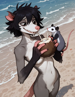 anthro beach beverage biped breasts container cup duo female feral grey_eyes navel notched_ear nude quadruped seaside smile straw teeth water wave anonymous_director invoke_high american_opossum asterozoan didelphid echinoderm mammal marine marsupial starfish virginia_opossum hi_res