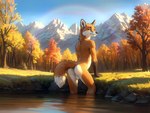 anthro autumn butt male mountains nature rainbow river smile solo foxboy canid canine fox mammal hi_res