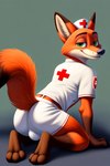 all_fours angry_puppy anthro bent_over bottomwear canid canine clothing fox green_eyes hat headgear headwear kneeling looking_at_viewer looking_back male mammal nick_wilde nurse nurse_outfit on_knees raised_tail shirt shorts simple_background smile smiling_at_viewer solo t-shirt topwear zootopia