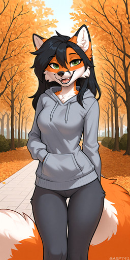 anthro autumn black_hair black_nose bottomwear breasts canine_teeth clothed clothing dipstick_ears dipstick_tail facial_markings female fur green_eyes hair hand_in_pocket head_markings hoodie leggings legwear long_hair looking_at_viewer markings multicolored_body multicolored_ears open_mouth orange_body orange_fur outside park pockets smile smiling_at_viewer solo standing tail_markings tongue topwear tuft whisker_spots asp791_(director) reyn_(asp791) canid canine canis fox mammal absurd_res hi_res signature watermark