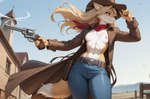 anthro athletic belt blonde_hair blue_eyes bottomwear breasts building chest_tuft clothing coat countershading cowboy_hat denim denim_clothing female fence fur gun hair handgun hat headgear headwear holster house inner_ear_fluff jeans leather leather_clothing long_hair looking_away navel nipples pants pistol ranged_weapon revolver scarf slight_smile small_breasts smoke solo topwear tuft weapon yellow_body yellow_fur fenix_ai canid canine mammal