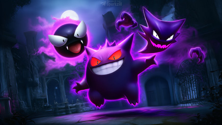 ambiguous_gender detailed_background fangs feral fingers floating_hands full_moon group light moon moonlight night open_mouth open_smile outside plant purple_body red_eyes smile teeth text trio sergalbutt nintendo pokemon gastly generation_1_pokemon gengar ghost haunter pokemon_(species) sphere_creature spirit hi_res signature url