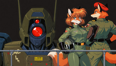 armor belt blue_eyes breasts clipboard clothed clothing dipstick_tail female fur gloves group hair hand_on_hip handwear hat headgear headwear helmet holding_object machine male markings military military_uniform orange_body orange_fur simple_background smile tail tail_markings text trio uniform white_body white_fur hank94_(director) canid canine fox mammal red_fox robot english_text hi_res