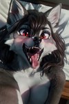 absurd_res anthro bedroom blush breasts canid canine canis cleavage clothed clothing evoai female hi_res looking_at_viewer mammal open_mouth seductive smile solo wolf