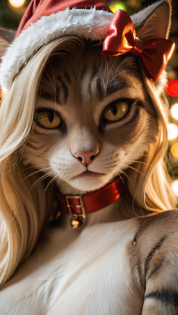 anthro bell bell_collar blonde_hair bow_ribbon christmas_clothing christmas_headwear clothing collar detailed_background female fur hair hat headgear headwear pupils realistic realistic_fur realistic_lighting santa_hat slit_pupils solo stare yellow_body yellow_eyes yellow_fur impressively_averag3 domestic_cat felid feline felis mammal hi_res