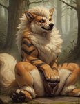 anatomically_correct animal_genitalia animal_pussy arcanine big_pussy canid canine_genitalia canine_pussy cerinil female feral fluffy forest fur generation_1_pokemon genitals hi_res mammal masturbation orange_body orange_fur pawpads paws plant plump_labia pokemon_(species) pussy solo striped_body striped_fur stripes tree upside_down_pussy vaginal vaginal_masturbation