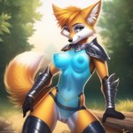 anthro armor breasts canid canine clothed clothing female fox fur gauntlets genitals gloves greaves hair handwear lendri_mujina mammal nipples novelai orange_body orange_fur orange_hair outside partially_clothed pauldron pussy solo translucent translucent_clothing