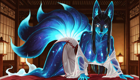 anthro black_hair blue_body blue_nipples breasts clothing collarbone cosmic_body female hair inner_ear_fluff inside japanese_architecture looking_at_viewer multi_tail nipples open_mouth solo tuft white_clothing white_eyes shoptus canid canine fox mammal spirit