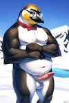 absurd_res anthro avian belly bird black_body bowtie chikais chubby_anthro chubby_male colorful digital_media_(artwork) emperor_penguin erection eyewear glasses hi_res looking_at_viewer male novelai nude penguin slightly_chubby smile snow solo watermark white_belly