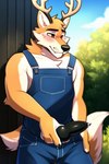 anthro antlers blush canid canine cervid clothing genitals hi_res horn hybrid hybrid_genitalia hybrid_penis knot male mammal overalls penis pup_tobey solo