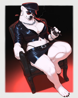 4_toes 5_fingers anthro barefoot belt big_breasts biped black_bottomwear black_bra black_claws black_clothing black_hat black_headwear black_jacket black_nose black_panties black_pawpads black_skirt black_thong black_topwear black_underwear blue_eyes border bottomwear bra bracelet breasts buckle chain chain_necklace chair cigar cigarette claws cleavage cleavage_overflow clothed clothed_anthro clothed_female clothing curvy_figure dominatrix dutch_angle ear_piercing ear_ring eyewear feet female female_anthro finger_claws fingers fully_clothed fur furniture glasses glistening glistening_clothing gradient_background hat head_tilt headgear headwear highleg holding_object hoop_ear_ring huge_breasts humanoid_hands jacket jewelry leather leather_clothing leather_jacket leather_topwear lingerie looking_at_viewer midriff miniskirt monotone_body monotone_breasts monotone_clothing monotone_fur navel navel_piercing necklace on_chair one_leg_up outside_border panties panty_peek pawpads paws piercing plantigrade raised_leg riding_crop ring ring_(jewelry) ring_piercing simple_background sitting sitting_on_chair skirt smile smoke smoking solo straps sunglasses thick_thighs thong toe_claws toes topwear tuft underwear whip white_body white_breasts white_fur wide_hips burioth mammal polar_bear ursid ursine absurd_res digital_media_(artwork) full-length_portrait hi_res portrait