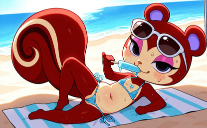 anthro beach beach_towel big_tail blue_eyes bodily_fluids brown_body camel_toe eyewear eyewear_on_head female food genital_outline genitals makeup mirakelpung plump_labia popsicle popsicle_melting pussy pussy_outline sea seaside slightly_chubby sunglasses sunglasses_on_head sweat towel water animal_crossing nintendo pecan_(animal_crossing) mammal rodent sciurid tree_squirrel