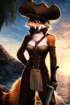 anthro breasts canid canine cleavage clothed clothing detailed detailed_fur eye_patch eyewear female fox holding_object holding_sword holding_weapon mammal melee_weapon pirate solo square sword tricorne weapon