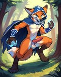 action_pose angry animal_genitalia animal_penis anthro balls blue_eyes canine_genitalia canine_penis cloak cloak_only clothing erection forest furrowed_brow genitals hood knot magic magic:_the_gathering magic_user magical_aura male neck_tuft penis plant pose slim solo tree tuft anotherarcticfox jace_beleren canid canine fox mammal hi_res