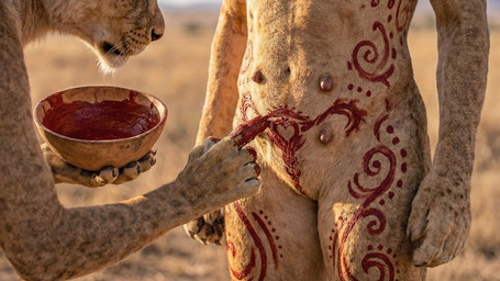 anthro bodypaint bowl container duo female female/female genitals multi_nipple nipples outside photorealism pussy sunset teats tribal womb_tattoo tribalcat felid lion mammal pantherine hi_res