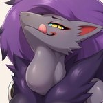 anthro female grey_body hair licking licking_lips looking_at_viewer neck_bulge prosthetic prosthetic_arm prosthetic_limb purple_hair smile smug solo swallowing tongue tongue_out vore yellow_eyes theguywhoishere fang_(theguywhoishere) generation_5_pokemon pokemon_(species) shiny_pokemon zoroark