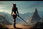 anthro black_body black_fur blizzard_entertainment brown_body brown_fur butt canid canine female fur kauket kauket_blackmoore mammal melee_weapon outside presenting presenting_hindquarters solo sword warcraft weapon were werecanid werecanine worgen world_of_warcraft