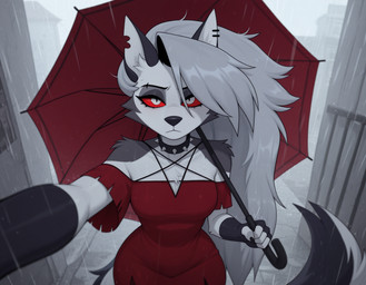 anthro clothed clothing collar dress female fingerless_gloves gloves handwear looking_at_viewer outside raining reaching_towards_viewer red_clothing red_dress solo tail umbrella raif_ai helluva_boss loona_(helluva_boss) canid canid_demon canine canis demon hellhound mammal wolf hi_res