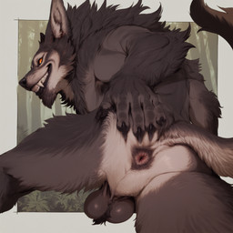 5_fingers anthro anus backsack ball_tuft balls biped black_anus black_nose brown_body butt claws fangs finger_claws fingers forest fur genitals grey_body grey_fur grin hand_on_butt holding_butt looking_at_viewer looking_back looking_back_at_viewer lying male muscular muscular_anthro muscular_male nude orange_eyes perineum plant presenting presenting_anus presenting_hindquarters raised_tail rear_view sharp_teeth smile solo spread_anus spread_butt spread_legs spreading tail teeth tree tuft sysns canid canine canis mammal werecanid werecanine werecreature werewolf wolf hi_res