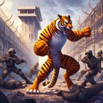 5_fingers anthro armor background_character barbed_wire bared_teeth black_stripes clothing concrete felid fence fight fingers fist fur gun headgear helmet male mammal markings military military_uniform nikkolaus orange_body orange_fur pantherine paws police prison prison_cell raised_arm raised_fist raised_paw ranged_weapon rifle solo striped_body striped_fur striped_markings striped_tail stripes tail_markings tiger tower unconscious uniform weapon wire