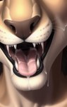 absurd_res ambiguous_gender bodily_fluids close-up close_up cum cum_drip cum_in_mouth cum_inside cum_on_face dripping felid genital_fluids hi_res lion mammal mouth_shot nose open_mouth pantherine shuffur smile smiling_at_viewer solo