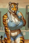 anthro athletic bedroom_eyes belly big_breasts blue_clothing bottle bottomwear breasts cheek_tuft chest_tuft clothed clothing curvy_figure drinking elbow_tuft facial_tuft felid female fur green_eyes gym gym_clothing hand_on_leg hand_on_thigh hi_res inner_ear_fluff inside looking_at_viewer mammal mature_female narrowed_eyes nipple_outline open_mouth orange_body orange_fur pantherine seductive shorts solo solo_focus striped_body stripes tail_up thick_thighs tiger topvvs topwear towel tuft voluptuous whiskers white_body white_fur wide_hips