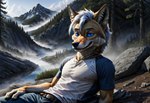 anthro belt bottomwear canid canine canis clothing cloud coyote denim denim_clothing forest hair jeans lying male mammal mountains pants plant river rock shirt signature solo tkyoprko topwear tree white_hair