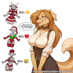 <3 anthro armwear big_breasts bottomwear breasts brown_body brown_fur brown_hair choker christmas christmas_clothing christmas_headwear clothed clothing dialogue dress_shirt elbow_gloves eyewear female fur glasses gloves hair handwear hat headgear headwear holidays jewelry legwear lingerie necklace open_mouth open_smile purple_eyes ribbons santa_hat shirt simple_background skirt smile solo speech_bubble tan_body text topwear tuft vest white_background white_clothing anontk twokinds erilas_(twokinds) canid canine canis domestic_dog humanoid hunting_dog mammal english_text hi_res