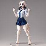 4_toes 5_fingers anthro barefoot black_nose blue_bottomwear blue_clothing blue_eyes blue_skirt bottomwear breasts claws clothed clothing digitigrade eyebrows eyelashes feet female figurine finger_claws fingers floppy_ears frown fur gesture hair looking_at_viewer necktie pawpads realistic_lighting school_uniform shirt simple_background skirt smile smug solo standing toe_claws toes topwear tuft uniform white_body white_clothing white_fur white_shirt white_topwear anonymous_director canid canine canis domestic_dog hunting_dog mammal saluki sighthound full-length_portrait hi_res portrait