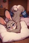 anthro ass_up blush clothing ears_up female footwear footwear_only head_on_pillow inside jack-o'_pose legwear looking_at_viewer mostly_nude pose presenting smile socks socks_only solo suggestive thigh_highs thigh_socks zootopia hibbie_jibbie judy_hopps lagomorph leporid mammal rabbit hi_res