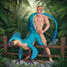abs anthro athletic athletic_male biceps black_claws bodily_fluids breath claws day duo feathers female fence feral fern from_behind_position front_view genital_fluids hand_on_butt hand_on_hip human_penetrating jungle looking_at_another looking_at_partner looking_pleasured male male/female muscular muscular_anthro muscular_male navel nipples obliques outside pecs penetration pussy_juice sex retr-1 dinosaur dromaeosaurid human mammal reptile scalie theropod utahraptor