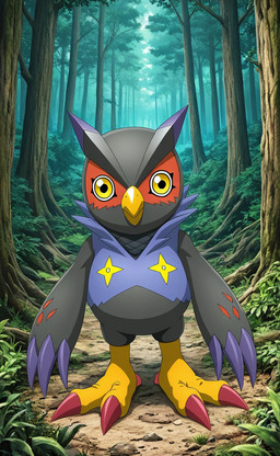 2_toes 3_fingers beak black_body claws clothed clothing feet feral finger_claws fingers forest forest_background looking_at_viewer nature nature_background partially_clothed plant purple_claws red_claws toe_claws toes tree yellow_eyes yiff_ai_(director) digimon digimon_data_squad avian bird digimon_(species) falcomon hi_res