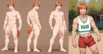 aipinups anthro athletic athletic_male balls big_penis bottomwear bulge clothing equid equine full-length_portrait fur genital_outline genitals ginger_tail green_eyes hair hi_res horse huge_penis jersey male mammal model_sheet muscular muscular_male orange_hair penis penis_outline plant portrait public sand shorts solo tan_body tan_fur tree