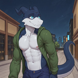 anthro blue_body blue_eyes bottomwear city city_background clothing hoodie male multicolored_body night nipples pants smile solo tail topwear two_tone_body white_body furkamidood_(director) digimon roommates_(spelunker_sal) giancarlo_rosato digimon_(species) flamedramon hi_res