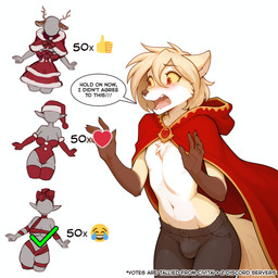 <3 anthro antlers armwear blonde_hair blush bottomwear brown_body brown_fur bulge butt cape christmas christmas_clothing cloak clothed clothing dialogue duo elbow_gloves female femboy fingers fur gloves hair handwear hat headgear headwear holidays horn legwear male navel open_mouth pants red_eyes ribbons simple_background speech_bubble stockings surprise tan_body tan_fur text thigh_highs topless white_background white_body white_fur yellow_body yellow_fur anontk twokinds clovis_(twokinds) canid canine canis elf humanoid mammal wolf english_text hi_res url