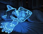5_fingers bed bedding bedroom_eyes big_breasts black_body black_nose blanket blue_eyes breasts cheek_tuft chest_tuft city cybernetic_limb cybernetics detailed_background facial_tuft female fingers fur furniture hair hologram inner_ear_fluff inside looking_at_viewer lying machine narrowed_eyes night nude on_bed on_front on_side pillow reaching_towards_viewer seductive short_hair solo translucent tuft under_covers white_body white_fur window anotheranon canid canine canis domestic_dog mammal spitz wolf absurd_res hi_res