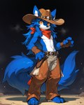 amber_eyes anthro blue_body blue_fur blue_hair clothing cowboy cowboy_hat feral fluffy fluffy_ears fluffy_tail fur hair hat headgear headwear long_hair male pose solo tuft alastorgj fell_(fenrir) animal_humanoid canid canine canis humanoid mammal mammal_humanoid wolf hi_res