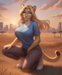 anthro big_breasts blonde_hair blue_clothing blue_eyes blue_shirt blue_sky blue_topwear breasts city city_background clothing cloud female footwear fur hair looking_at_viewer savanna shirt shoes sky smile solo sunset topwear wind yellow_body yellow_fur jackson_maxston_(director) ren_(jackson_maxston) felid lion mammal pantherine hi_res