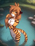anthro arm_under_breasts bathing blush breasts brown_hair chest_tuft female fur grass hair long_hair looking_at_viewer looking_up medium_breasts nature nipples nude open_mouth orange_body orange_fur outside partially_submerged plant rock solo standing tuft water wet wet_body wet_fur wet_hair white_body white_fur yellow_eyes noobmania twokinds flora_(twokinds) felid mammal pantherine tiger 2025 hi_res