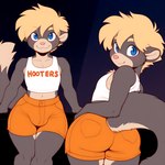 anthro big_butt blonde_hair blue_eyes bottomwear bulge butt clothing dark_background femboy femboy_hooters hair hooters looking_at_viewer male orange_clothing shirt shorts solo thick_thighs topwear wide_hips onevice domestic_ferret mammal mustela mustelid musteline true_musteline hi_res portrait