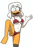 anatid anseriform anthro avian beak bird bra breasts butt_from_the_front cleavage clothed clothing cloud9999 cybernetic_leg cybernetic_limb della_duck disney duck ducktales ducktales_(2017) eyebrows eyeliner feathers female gesture hair hi_res looking_at_viewer makeup membrane_(anatomy) navel non-mammal_breasts one_leg_up open_mouth orange_legs panties raised_eyebrows raised_leg scut_tail shirt short_tail simple_background smile solo tongue topwear under_boob underwear webbed_feet white_background white_body white_feathers white_hair white_skin wide_eyed