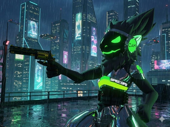 anthro armor biped black_hand body_hair c.a.m. chest_fur chest_hair chest_tuft chrome chrome_body city city_background cybernetic_arm cybernetic_hand cybernetic_limb cybernetics cyberpunk fingers fluffy fluffy_tail flying_car fur glistening glistening_body glowing glowing_body glowing_eyes green_body green_eyes grey_body grey_fur grey_hair gun hair handgun holding_object machine male markings metal metallic_body military neck_tuft night prosthetic prosthetic_arm prosthetic_limb protogen_visor ranged_weapon revolver robotic robotic_arm robotic_body screen screen_face smile solo special_forces text tuft warrior weapon soppycastle9 yuri_chacal canid canine canis jackal mammal protogen