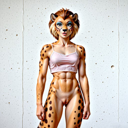 anthro bottomless clothed clothing crop_top female genitals looking_at_viewer muscular pussy shirt solo standing topwear wall_(structure) denis0k cheetara cheetah felid feline mammal